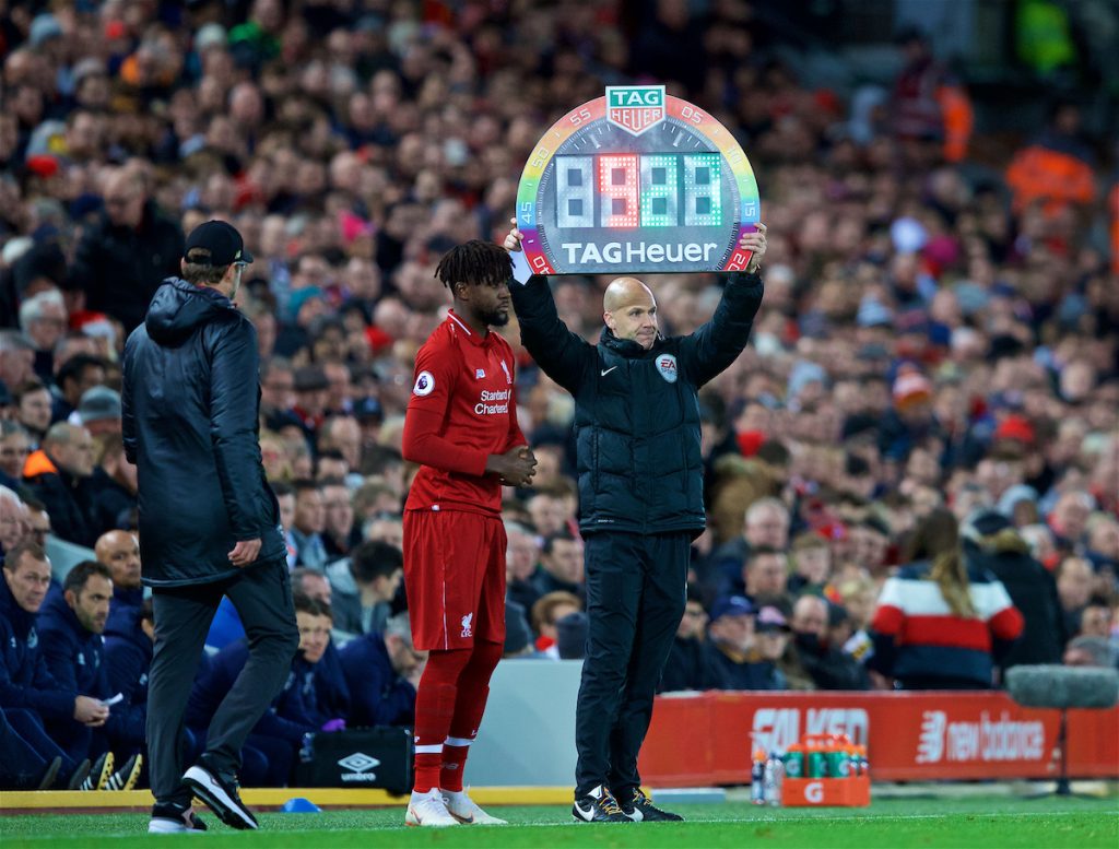 LIVERPOOL, ENGLAND - Sunday, December 2, 2018: Liverpool's Divock Origi prepares to come on as a substitute during the FA Premier League match between Liverpool FC and Everton FC at Anfield, the 232nd Merseyside Derby. (Pic by Paul Greenwood/Propaganda)