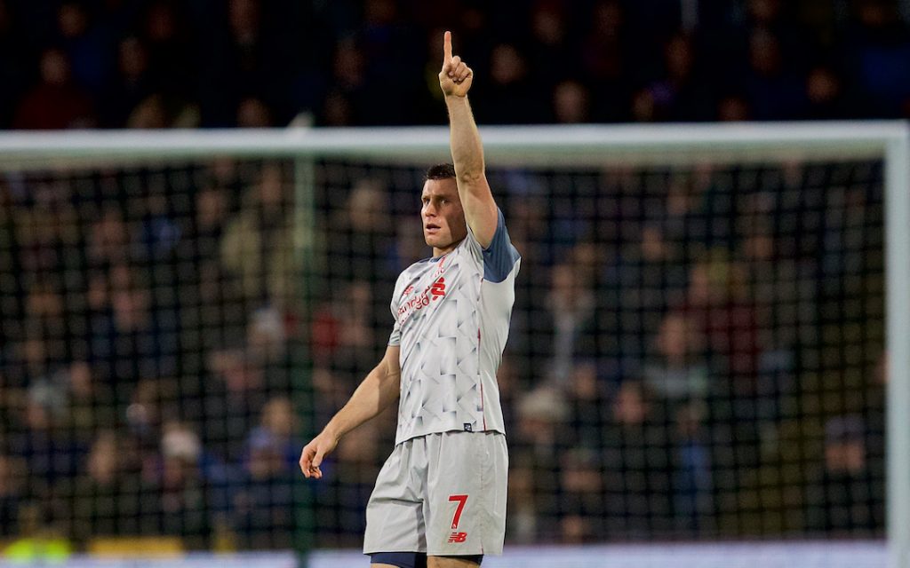 BURNLEY, ENGLAND - Wednesday, December 5, 2018: Liverpool's captain James Milner celebrates scoring the first equalising goal during the FA Premier League match between Burnley FC and Liverpool FC at Turf Moor. (Pic by David Rawcliffe/Propaganda)