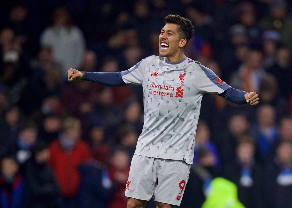 BURNLEY, ENGLAND - Wednesday, December 5, 2018: Liverpool's Roberto Firmino celebrates scoring the second goal during the FA Premier League match between Burnley FC and Liverpool FC at Turf Moor. (Pic by David Rawcliffe/Propaganda)