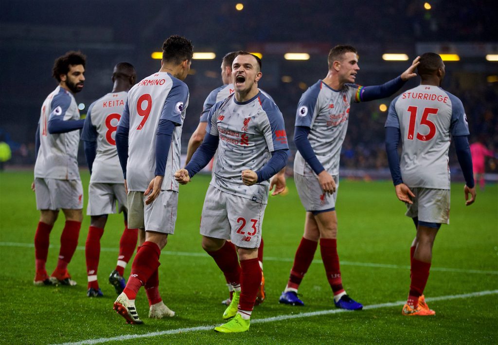 BURNLEY, ENGLAND - Wednesday, December 5, 2018: Liverpool's Xherdan Shaqiri celebrates scoring the third goal with team-mates during the FA Premier League match between Burnley FC and Liverpool FC at Turf Moor. (Pic by David Rawcliffe/Propaganda)