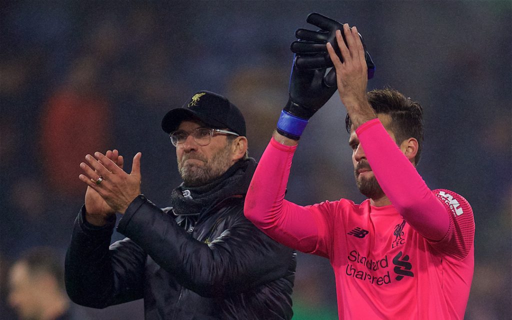 BURNLEY, ENGLAND - Wednesday, December 5, 2018: Liverpool's manager J¸rgen Klopp (L) and goalkeeper Alisson Becker celebrate during the FA Premier League match between Burnley FC and Liverpool FC at Turf Moor. Liverpool 3-1. (Pic by David Rawcliffe/Propaganda)