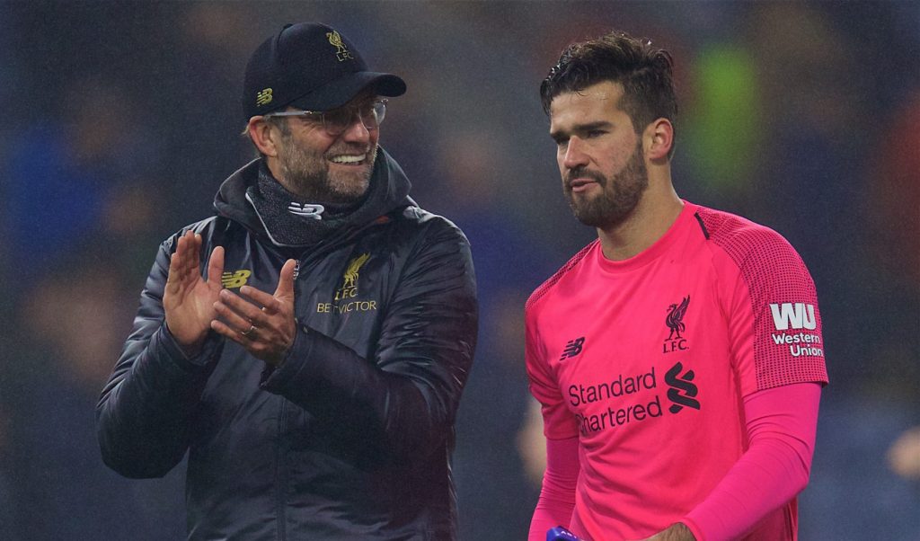 BURNLEY, ENGLAND - Wednesday, December 5, 2018: Liverpool's manager Jürgen Klopp (L) and goalkeeper Alisson Becker celebrate during the FA Premier League match between Burnley FC and Liverpool FC at Turf Moor. Liverpool 3-1. (Pic by David Rawcliffe/Propaganda)