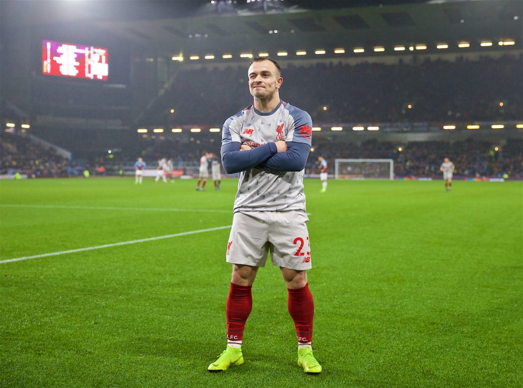 BURNLEY, ENGLAND - Wednesday, December 5, 2018: Liverpool's Xherdan Shaqiri celebrates scoring the third goal during the FA Premier League match between Burnley FC and Liverpool FC at Turf Moor. (Pic by David Rawcliffe/Propaganda)