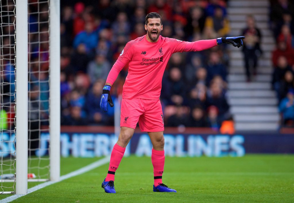 BOURNEMOUTH, ENGLAND - Saturday, December 8, 2018: Liverpool's goalkeeper Alisson Becker during the FA Premier League match between AFC Bournemouth and Liverpool FC at the Vitality Stadium. (Pic by David Rawcliffe/Propaganda)