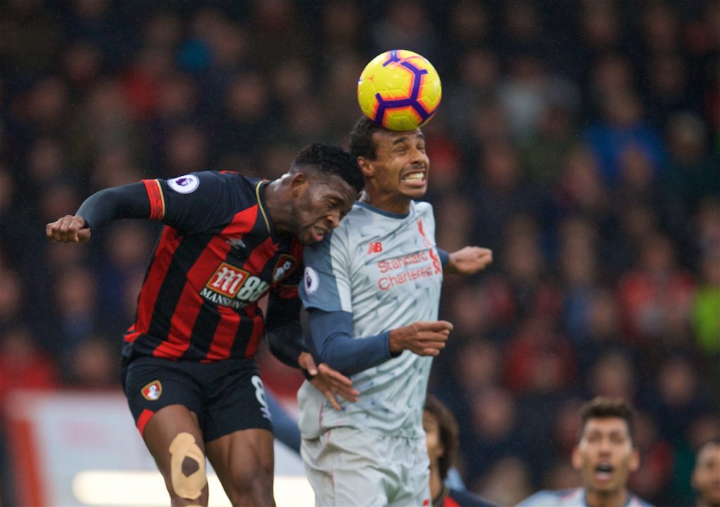 BOURNEMOUTH, ENGLAND - Saturday, December 8, 2018: AFC Bournemouth's Jefferson Lerma (L) and Liverpool's Joel Matip during the FA Premier League match between AFC Bournemouth and Liverpool FC at the Vitality Stadium. (Pic by David Rawcliffe/Propaganda)