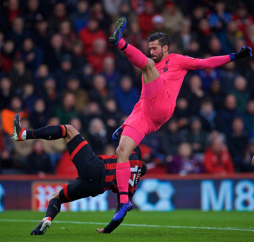 BOURNEMOUTH, ENGLAND - Saturday, December 8, 2018: Liverpool's goalkeeper Alisson Becker during the FA Premier League match between AFC Bournemouth and Liverpool FC at the Vitality Stadium. (Pic by David Rawcliffe/Propaganda)