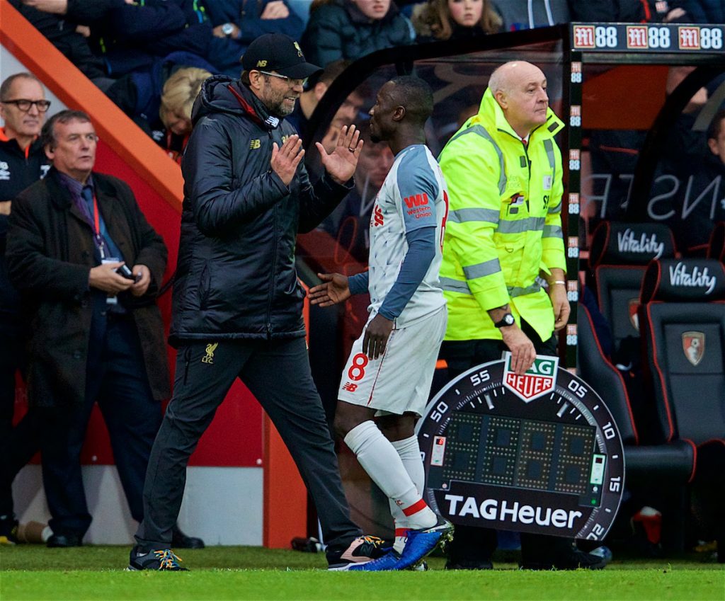 BOURNEMOUTH, ENGLAND - Saturday, December 8, 2018: Liverpool's manager Jürgen Klopp speaks to Naby Keita after substituting him during the FA Premier League match between AFC Bournemouth and Liverpool FC at the Vitality Stadium. (Pic by David Rawcliffe/Propaganda)