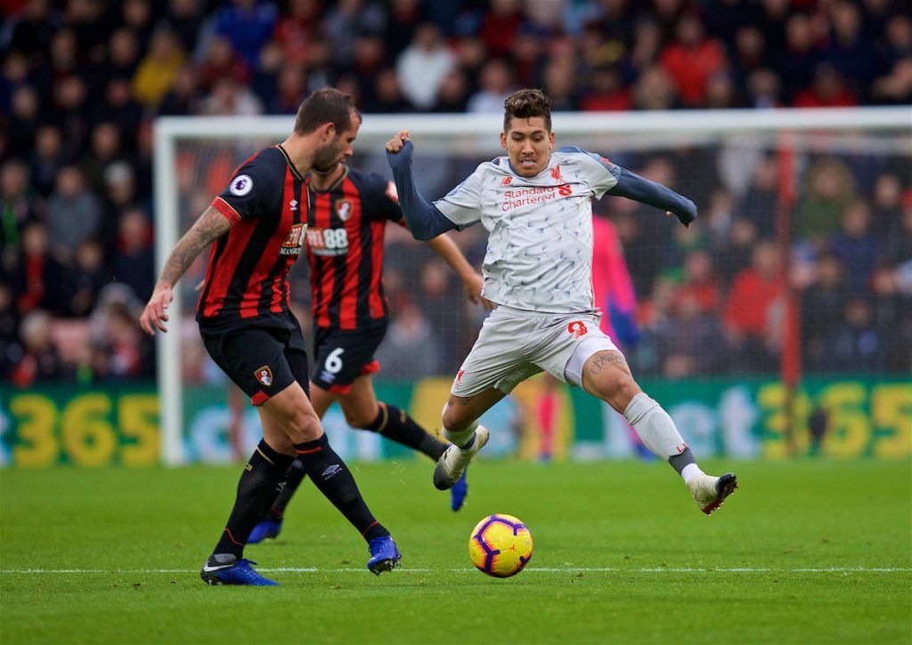 BOURNEMOUTH, ENGLAND - Saturday, December 8, 2018: Liverpool's Roberto Firmino during the FA Premier League match between AFC Bournemouth and Liverpool FC at the Vitality Stadium. (Pic by David Rawcliffe/Propaganda)