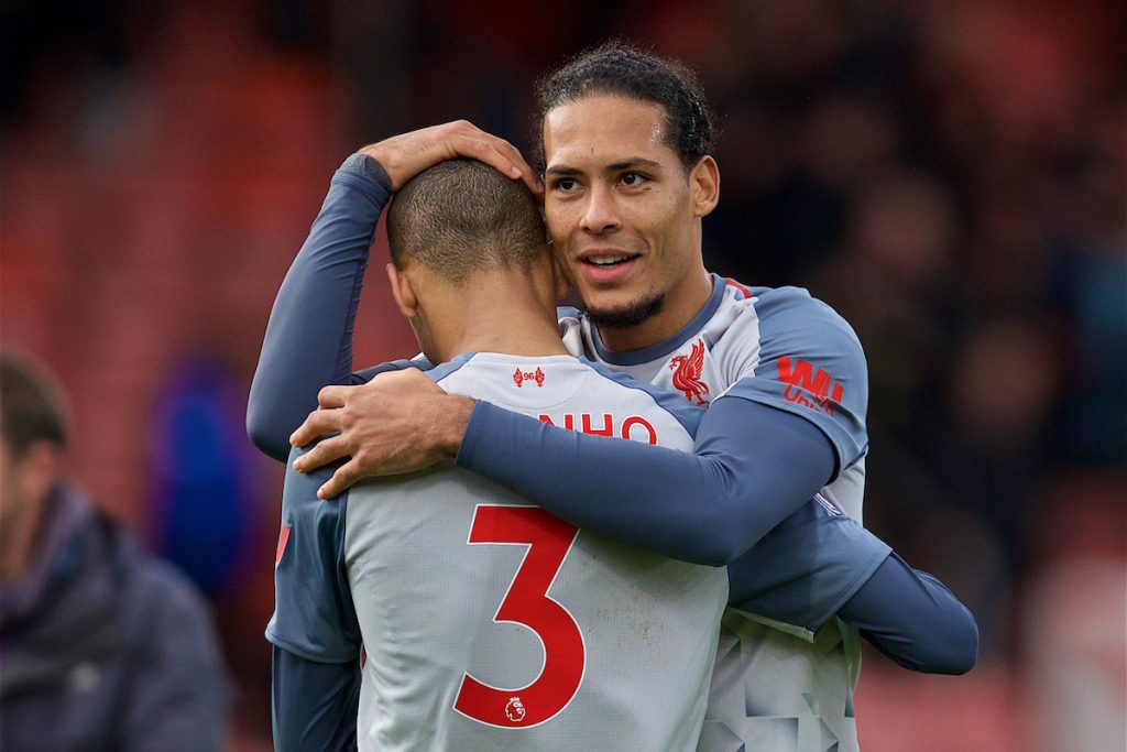 BOURNEMOUTH, ENGLAND - Saturday, December 8, 2018: Liverpool's Fabio Henrique Tavares 'Fabinho' (3) and Virgil van Dijk celebrate after the 4-0 victory over AFC Bournemouth during the FA Premier League match between AFC Bournemouth and Liverpool FC at the Vitality Stadium. Liverpool won 4-0. (Pic by David Rawcliffe/Propaganda)