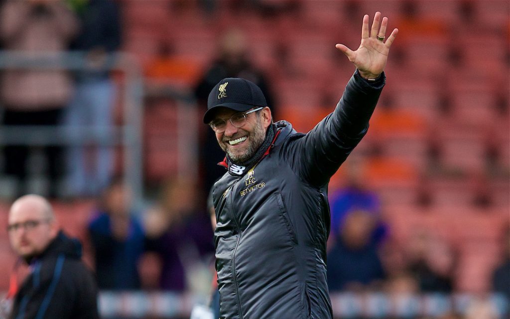 BOURNEMOUTH, ENGLAND - Saturday, December 8, 2018: Liverpool's manager Jürgen Klopp celebrates after the 4-0 victory over AFC Bournemouth during the FA Premier League match between AFC Bournemouth and Liverpool FC at the Vitality Stadium. Liverpool won 4-0. (Pic by David Rawcliffe/Propaganda)