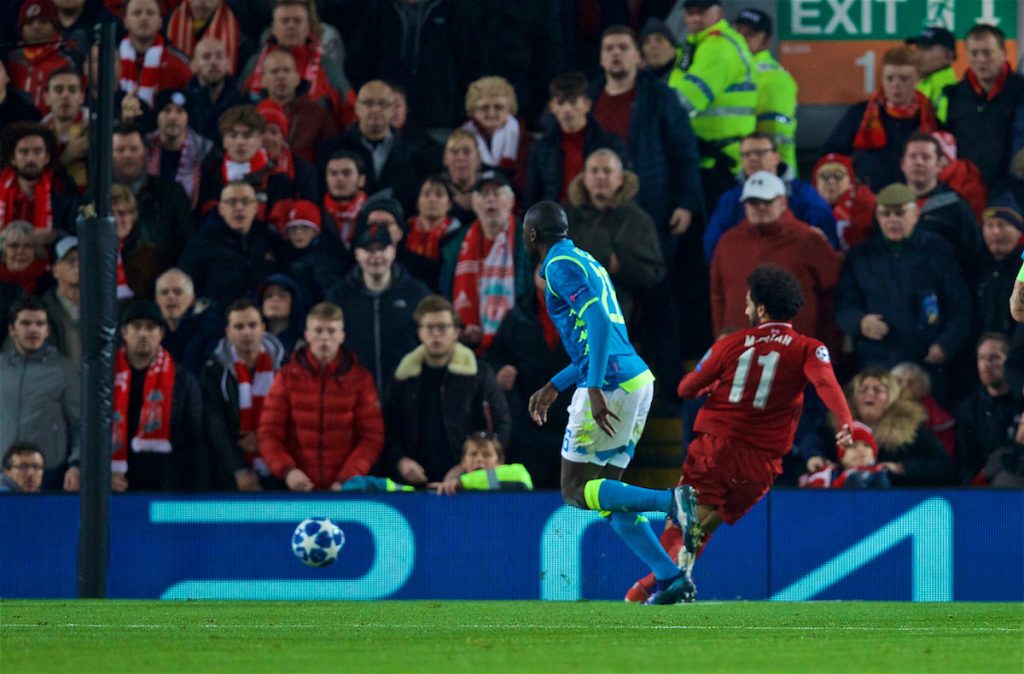 LIVERPOOL, ENGLAND - Tuesday, December 11, 2018: Liverpool's Mohamed Salah scores the first goal during the UEFA Champions League Group C match between Liverpool FC and SSC Napoli at Anfield. (Pic by David Rawcliffe/Propaganda)