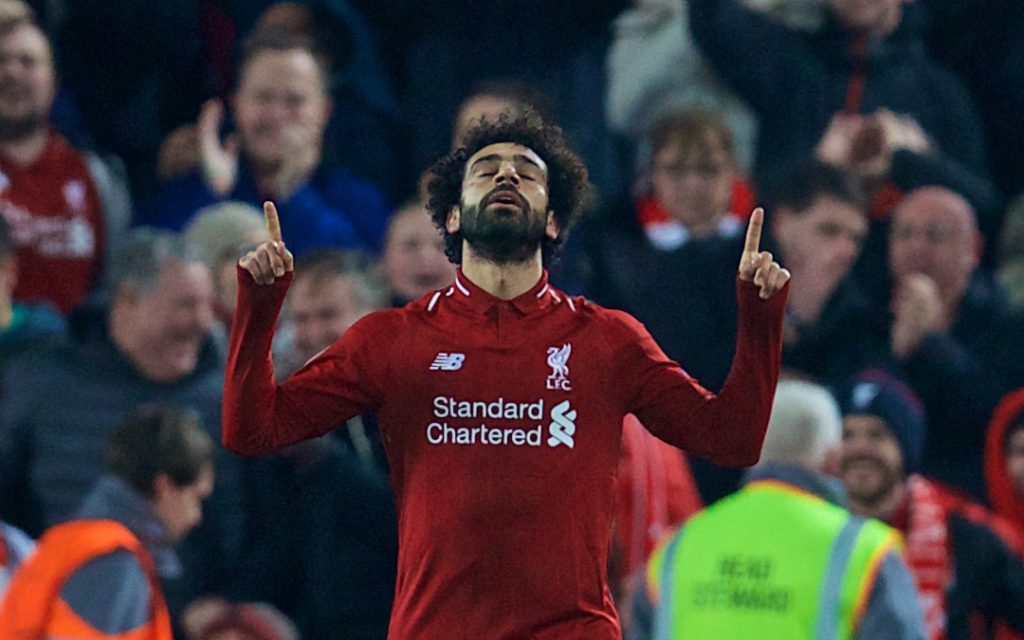 LIVERPOOL, ENGLAND - Tuesday, December 11, 2018: Liverpool's Mohamed Salah celebrates scoring the first goal during the UEFA Champions League Group C match between Liverpool FC and SSC Napoli at Anfield. (Pic by David Rawcliffe/Propaganda)