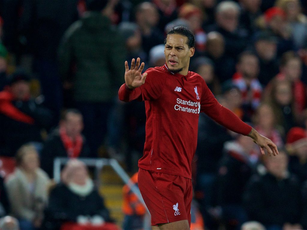 LIVERPOOL, ENGLAND - Tuesday, December 11, 2018: Liverpool's Virgil van Dijk during the UEFA Champions League Group C match between Liverpool FC and SSC Napoli at Anfield. (Pic by David Rawcliffe/Propaganda)