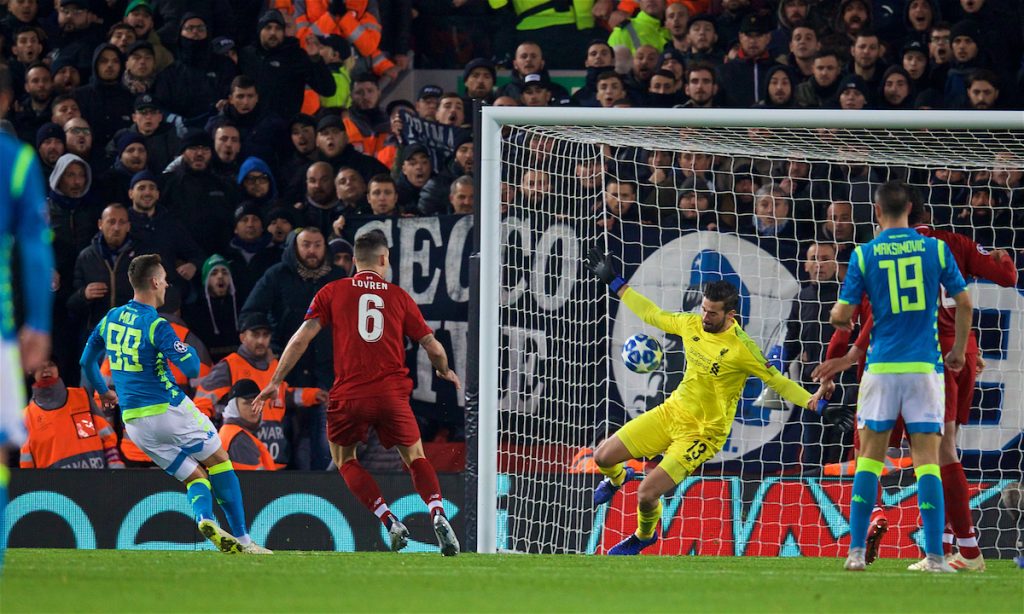 LIVERPOOL, ENGLAND - Tuesday, December 11, 2018: Liverpool's goalkeeper Alisson Becker makes an injury time save from Napoli's Arkadiusz Milik during the UEFA Champions League Group C match between Liverpool FC and SSC Napoli at Anfield. (Pic by David Rawcliffe/Propaganda)