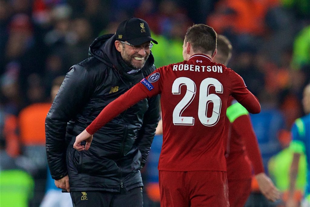 LIVERPOOL, ENGLAND - Tuesday, December 11, 2018: Liverpool's manager J¸rgen Klopp celebrates with Andy Robertson after beating SSC Napoli 1-0 and progressing to the knock-out phase during the UEFA Champions League Group C match between Liverpool FC and SSC Napoli at Anfield. (Pic by David Rawcliffe/Propaganda)