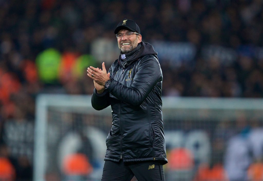 LIVERPOOL, ENGLAND - Tuesday, December 11, 2018: Liverpool's manager Jürgen Klopp celebrates after beating SSC Napoli 1-0 and progressing to the knock-out phase during the UEFA Champions League Group C match between Liverpool FC and SSC Napoli at Anfield. (Pic by David Rawcliffe/Propaganda)