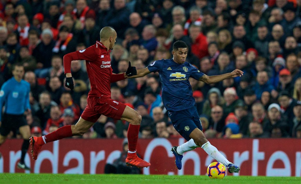 LIVERPOOL, ENGLAND - Sunday, December 16, 2018: Manchester United's Marcus Rashford (R) and Liverpool's Fabio Henrique Tavares 'Fabinho' during the FA Premier League match between Liverpool FC and Manchester United FC at Anfield. (Pic by David Rawcliffe/Propaganda)