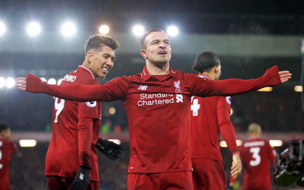 LIVERPOOL, ENGLAND - Sunday, December 16, 2018: Liverpool's 23' celebrates scoring the third goal during the FA Premier League match between Liverpool FC and Manchester United FC at Anfield. (Pic by David Rawcliffe/Propaganda)