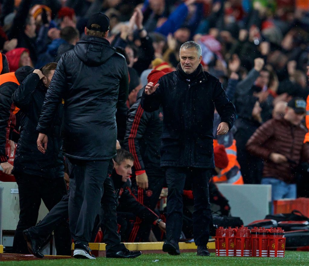 LIVERPOOL, ENGLAND - Sunday, December 16, 2018: Manchester United's manager Jose Mourinho goes to shake hands with Liverpool's manager Jürgen Klopp after the FA Premier League match between Liverpool FC and Manchester United FC at Anfield. Liverpool won 3-1. (Pic by David Rawcliffe/Propaganda)