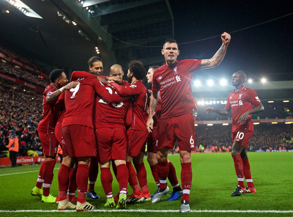 LIVERPOOL, ENGLAND - Sunday, December 16, 2018: Liverpool's Xherdan Shaqiri (#23) celebrates scoring the third goal with team-mates Virgil van Dijk, Fabio Henrique Tavares 'Fabinho' and Dejan Lovren during the FA Premier League match between Liverpool FC and Manchester United FC at Anfield. (Pic by David Rawcliffe/Propaganda)