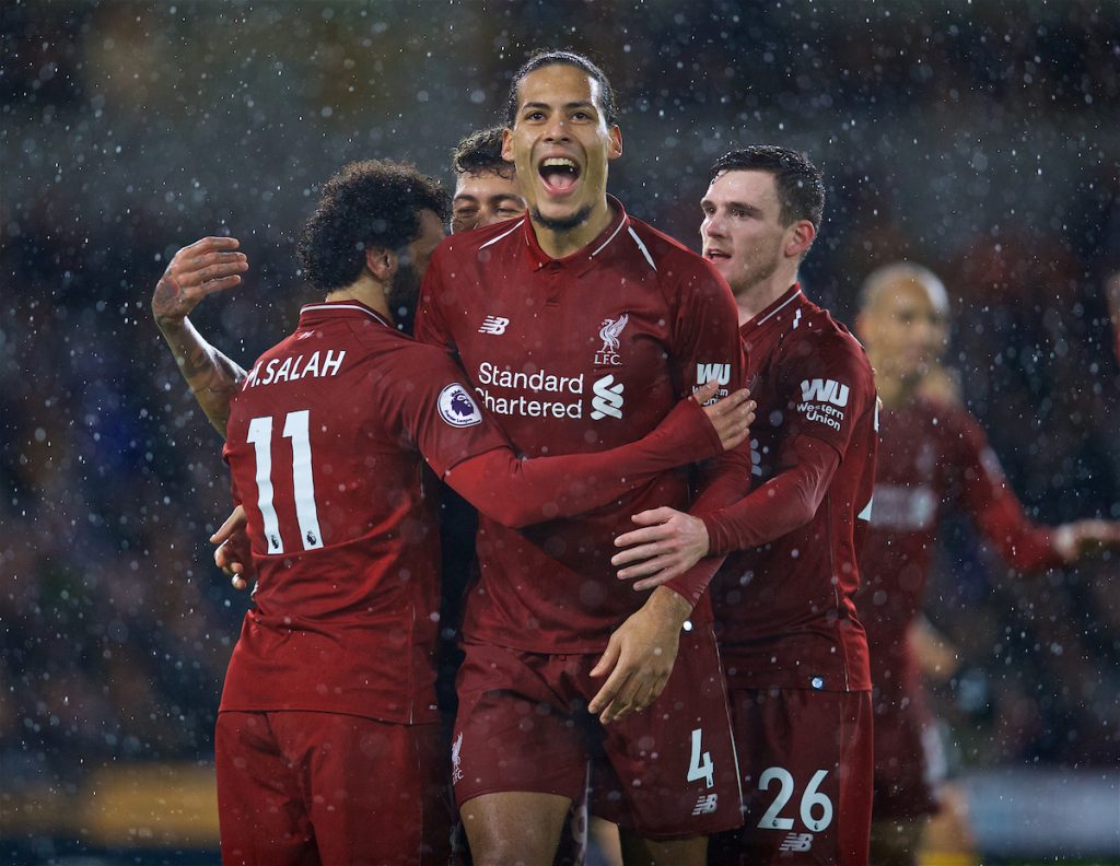 WOLVERHAMPTON, ENGLAND - Friday, December 21, 2018: Liverpool's Mohamed Salah (L) celebrates scoring the first goal with team-mate Virgil van Dijk during the FA Premier League match between Wolverhampton Wanderers FC and Liverpool FC at Molineux Stadium. (Pic by David Rawcliffe/Propaganda)