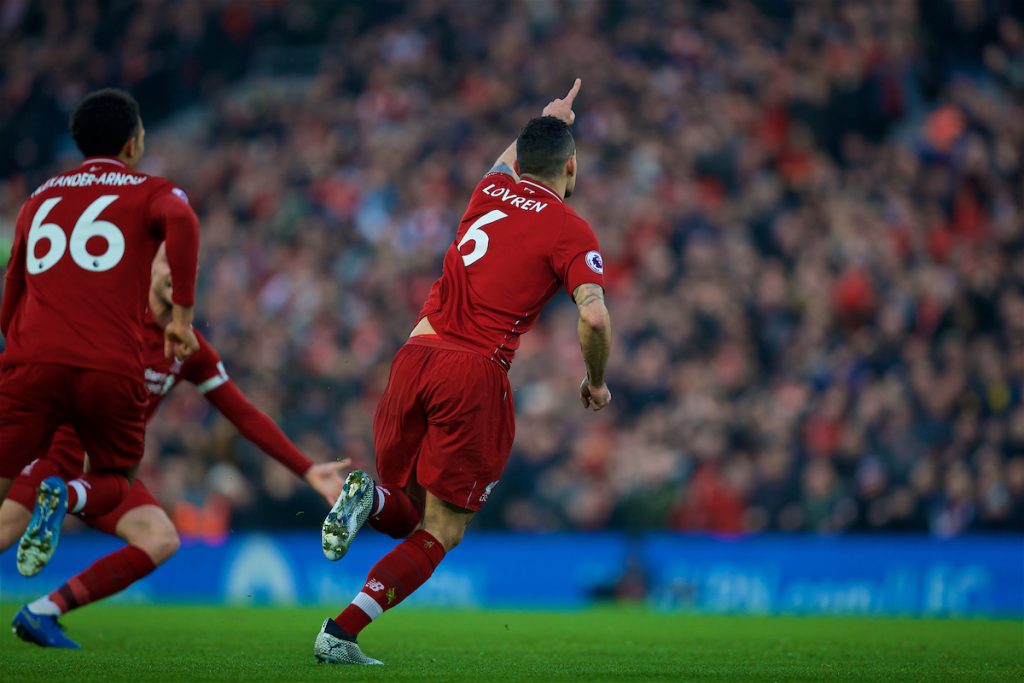 LIVERPOOL, ENGLAND - Boxing Day, Wednesday, December 26, 2018: Liverpool's Dejan Lovren celebrates scoring the first goal during the FA Premier League match between Liverpool FC and Newcastle United FC at Anfield. (Pic by David Rawcliffe/Propaganda)