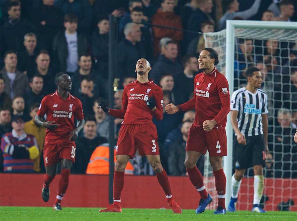 LIVERPOOL, ENGLAND - Boxing Day, Wednesday, December 26, 2018: Liverpool's Fabio Henrique Tavares 'Fabinho' celebrates scoring the fourth goal during the FA Premier League match between Liverpool FC and Newcastle United FC at Anfield. (Pic by David Rawcliffe/Propaganda)