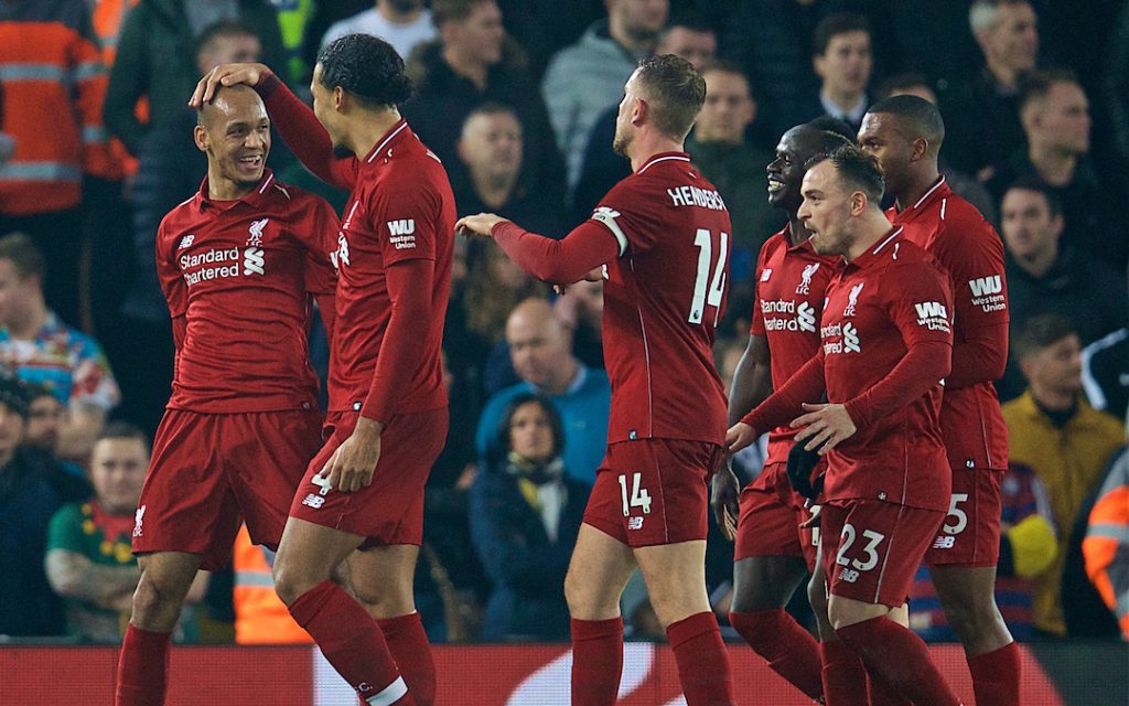 LIVERPOOL, ENGLAND - Boxing Day, Wednesday, December 26, 2018: Liverpool's Fabio Henrique Tavares 'Fabinho' celebrates scoring the fourth goal during the FA Premier League match between Liverpool FC and Newcastle United FC at Anfield. (Pic by David Rawcliffe/Propaganda)