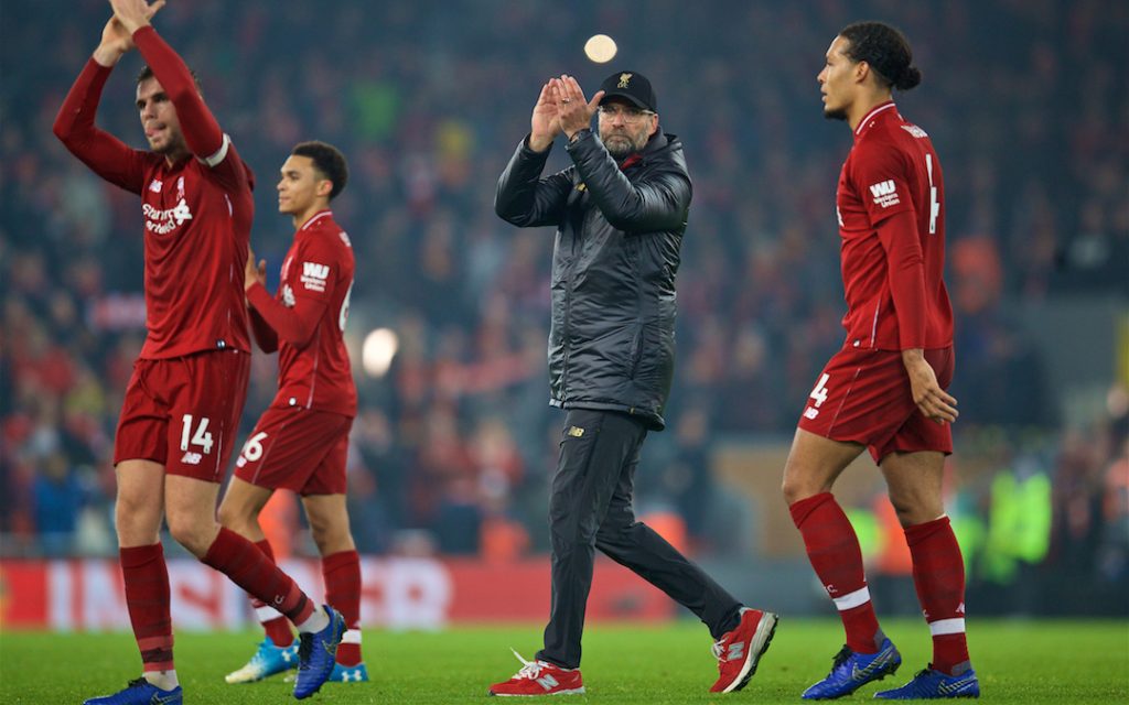 LIVERPOOL, ENGLAND - Boxing Day, Wednesday, December 26, 2018: Liverpool's manager J¸rgen Klopp celebrates after beating Newcastle United 4-0 during the FA Premier League match between Liverpool FC and Newcastle United FC at Anfield. (Pic by David Rawcliffe/Propaganda)