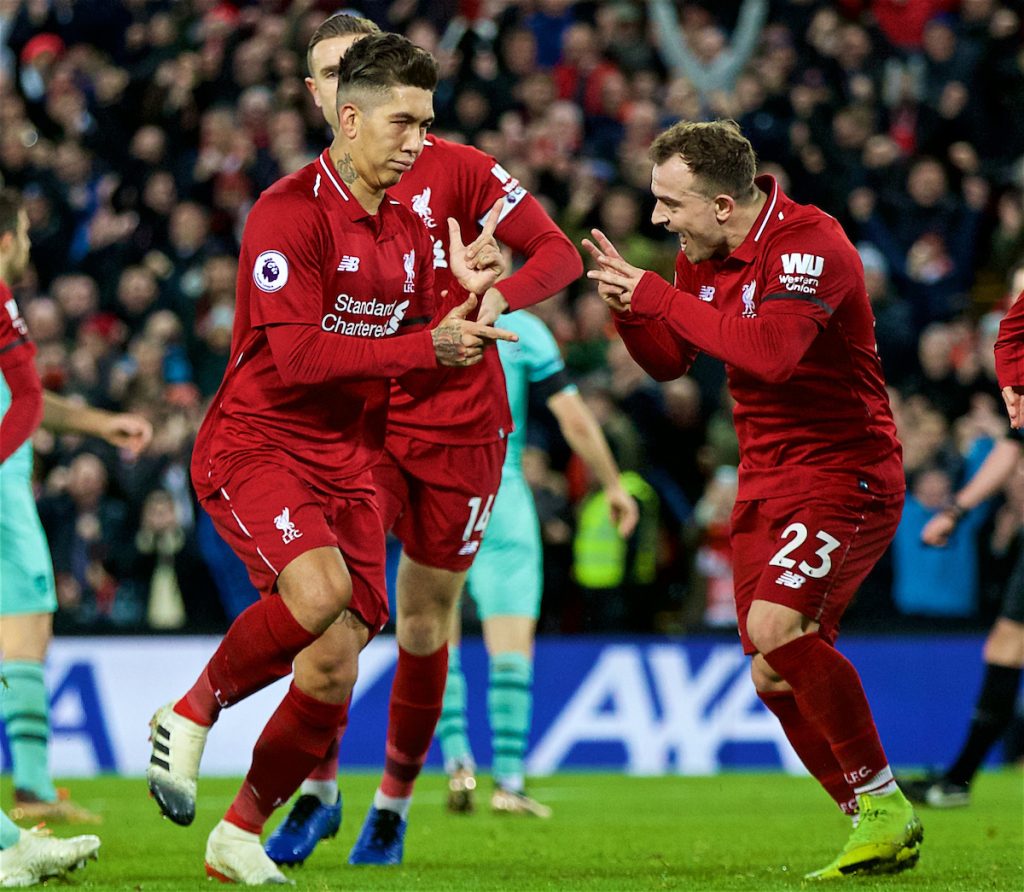 LIVERPOOL, ENGLAND - Saturday, December 29, 2018: Liverpool's Roberto Firmino scores the fifth goal with team-mates during the FA Premier League match between Liverpool FC and Arsenal FC at Anfield. (Pic by David Rawcliffe/Propaganda)