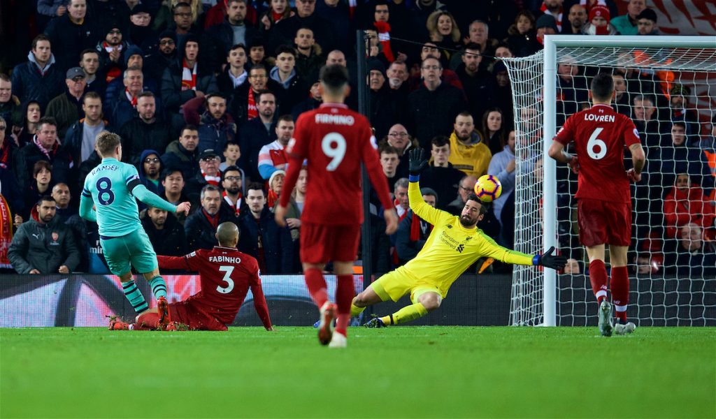 LIVERPOOL, ENGLAND - Saturday, December 29, 2018: Arsenal's Aaron Ramsey shoots during the FA Premier League match between Liverpool FC and Arsenal FC at Anfield. (Pic by David Rawcliffe/Propaganda)