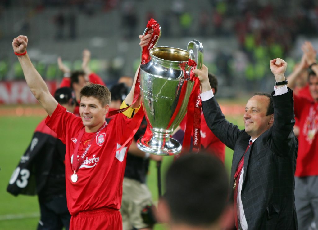 ISTANBUL, TURKEY - WEDNESDAY, MAY 25th, 2005: Liverpool manager Rafael Benitez and Steven Gerrard celebrate winning the European Cup after beating AC Milan on penalties during the UEFA Champions League Final at the Ataturk Olympic Stadium, Istanbul. (Pic by David Rawcliffe/Propaganda)