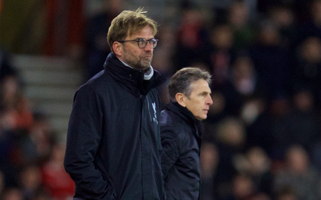 SOUTHAMPTON, ENGLAND - Wednesday, January 11, 2017: Liverpool's manager J¸rgen Klopp and Southampton's manager Claude Puel during the Football League Cup Semi-Final 1st Leg match at St. Mary's Stadium. (Pic by David Rawcliffe/Propaganda)