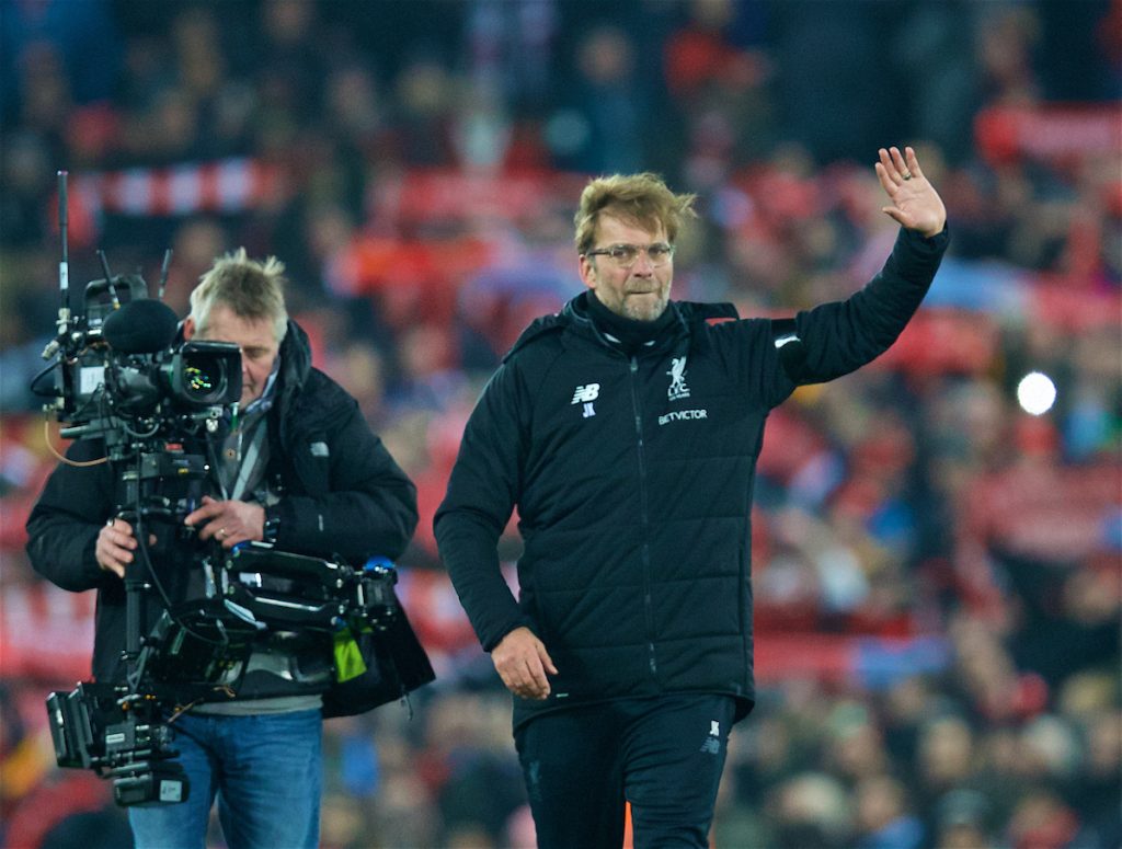 LIVERPOOL, ENGLAND - Sunday, January 14, 2018: Liverpool's manager Jürgen Klopp celebrates after his side's 4-3 victory during the FA Premier League match between Liverpool and Manchester City at Anfield. (Pic by David Rawcliffe/Propaganda)