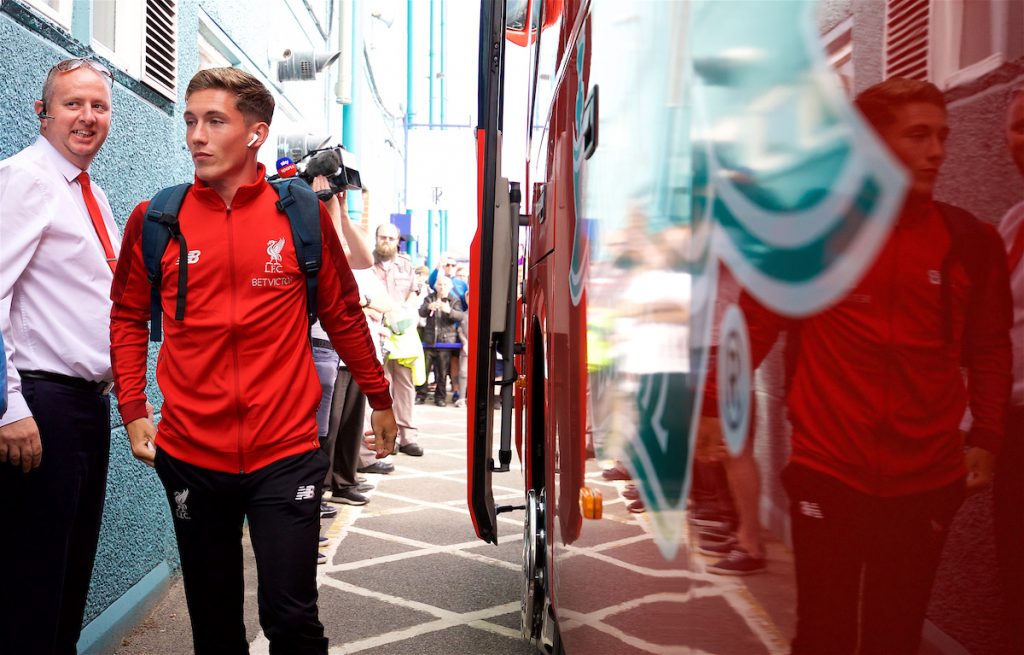 BIRKENHEAD, ENGLAND - Tuesday, July 10, 2018: Liverpool's Harry Wilson gets off the team coach, wearing Apple Airpods, before a preseason friendly match between Tranmere Rovers FC and Liverpool FC at Prenton Park. (Pic by Paul Greenwood/Propaganda)