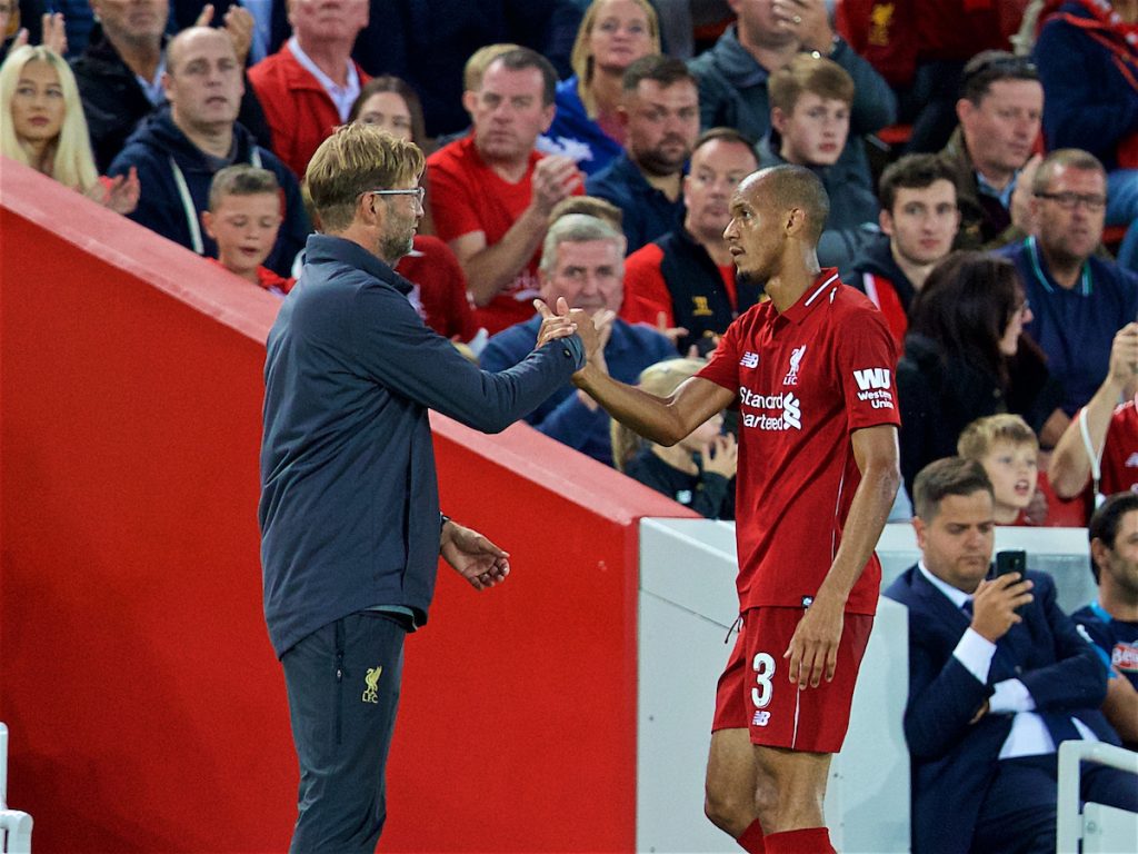 LIVERPOOL, ENGLAND - Tuesday, August 7, 2018: Liverpool's Fabio Henrique Tavares 'Fabinho' and manager Jürgen Klopp during the preseason friendly match between Liverpool FC and Torino FC at Anfield. (Pic by David Rawcliffe/Propaganda)