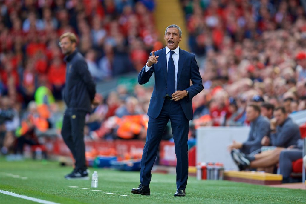 LIVERPOOL, ENGLAND - Saturday, August 25, 2018: Brighton & Hove Albion's manager Chris Hughton during the FA Premier League match between Liverpool FC and Brighton & Hove Albion FC at Anfield. (Pic by David Rawcliffe/Propaganda)