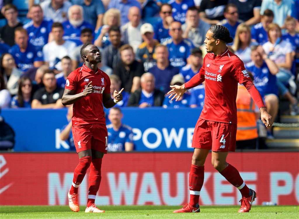 LEICESTER, ENGLAND - Saturday, September 1, 2018: Liverpool's Sadio Mane celebrates scoring the first goal during the FA Premier League match between Leicester City and Liverpool at the King Power Stadium. (Pic by David Rawcliffe/Propaganda)