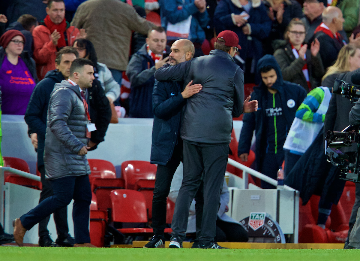 LIVERPOOL, ENGLAND - Sunday, October 7, 2018: Liverpool's manager Jürgen Klopp and Manchester City's manager Pep Guardiola after the FA Premier League match between Liverpool FC and Manchester City FC at Anfield. (Pic by David Rawcliffe/Propaganda)