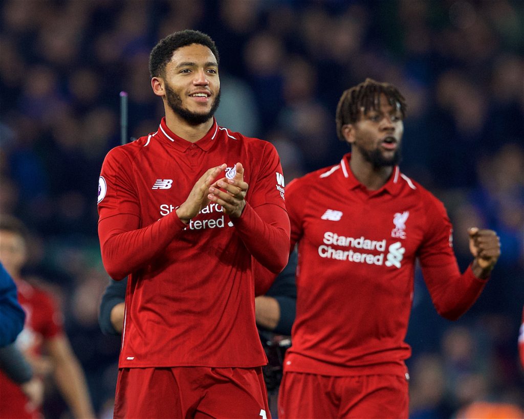 LIVERPOOL, ENGLAND - Sunday, December 2, 2018: Liverpool's Joe Gomez celebrates after a dramatic late injury time winning goal from Divock Origi (R) during the FA Premier League match between Liverpool FC and Everton FC at Anfield, the 232nd Merseyside Derby. Liverpool won 1-0. (Pic by Paul Greenwood/Propaganda)