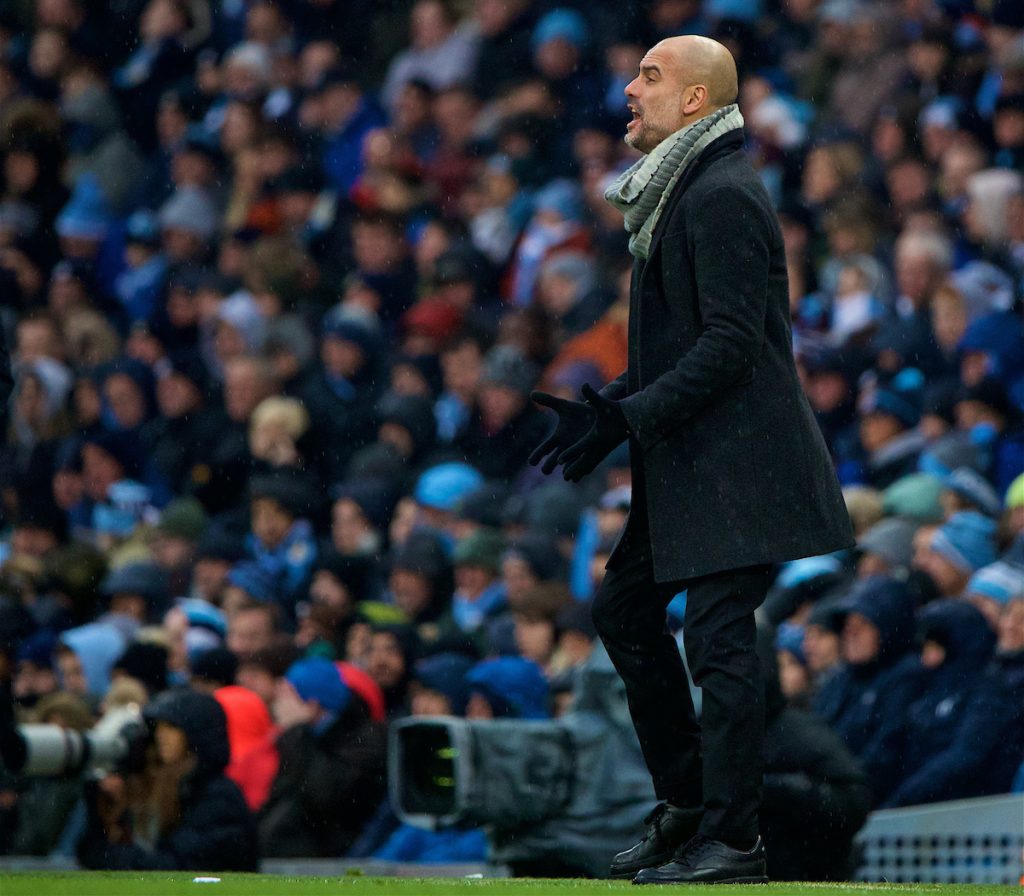 MANCHESTER, ENGLAND - Saturday, December 15, 2018: Manchester City's manager Pep Guardiola during the FA Premier League match between Manchester City FC and Everton FC at the Etihad Stadium, the 232nd Merseyside Derby. (Pic by David Rawcliffe/Propaganda)