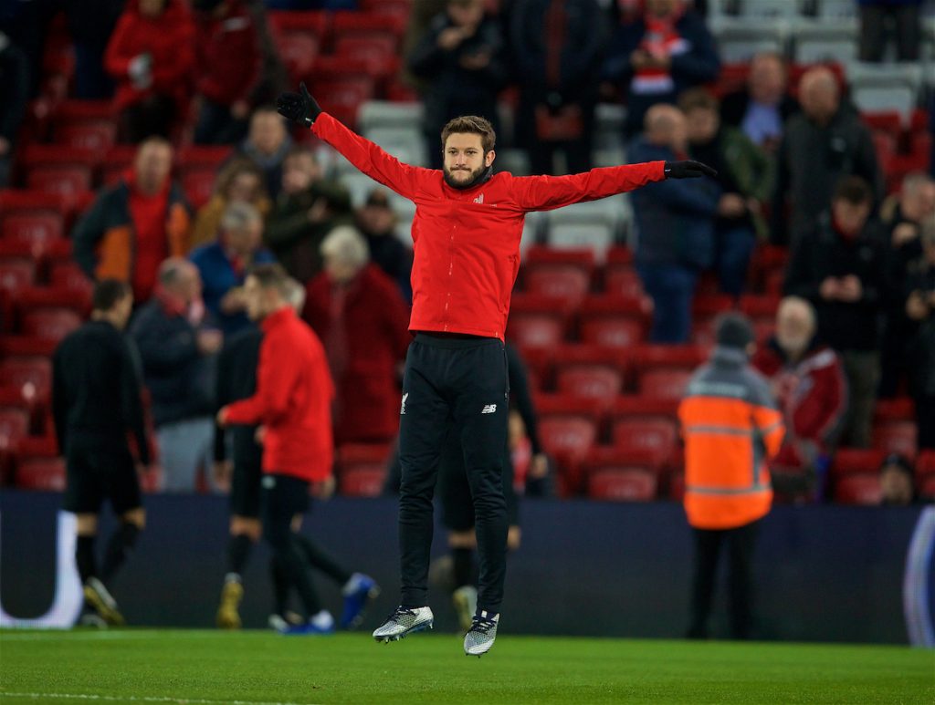 LIVERPOOL, ENGLAND - Sunday, December 16, 2018: Liverpool's Adam Lallana during the pre-match warm-up before the FA Premier League match between Liverpool FC and Manchester United FC at Anfield. (Pic by David Rawcliffe/Propaganda)