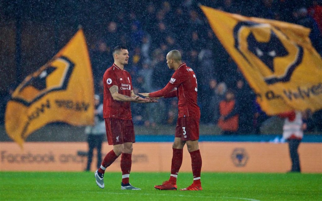 WOLVERHAMPTON, ENGLAND - Friday, December 21, 2018: Liverpool's Dejan Lovren and Fabio Henrique Tavares 'Fabinho' during the FA Premier League match between Wolverhampton Wanderers FC and Liverpool FC at Molineux Stadium. (Pic by David Rawcliffe/Propaganda)