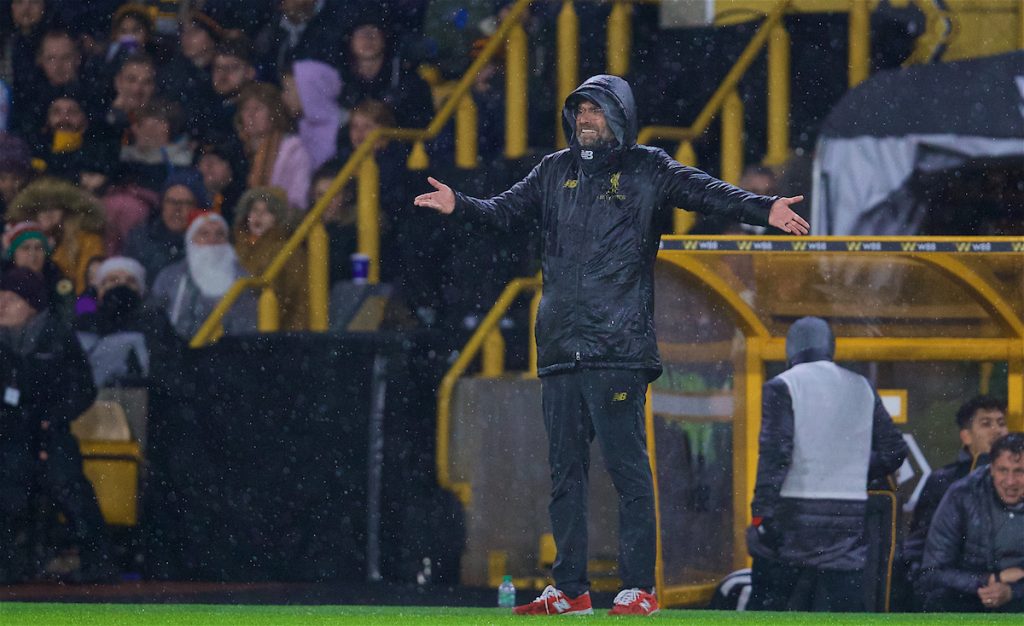 WOLVERHAMPTON, ENGLAND - Friday, December 21, 2018: Liverpool's manager Jürgen Klopp reacts during the FA Premier League match between Wolverhampton Wanderers FC and Liverpool FC at Molineux Stadium. (Pic by David Rawcliffe/Propaganda)