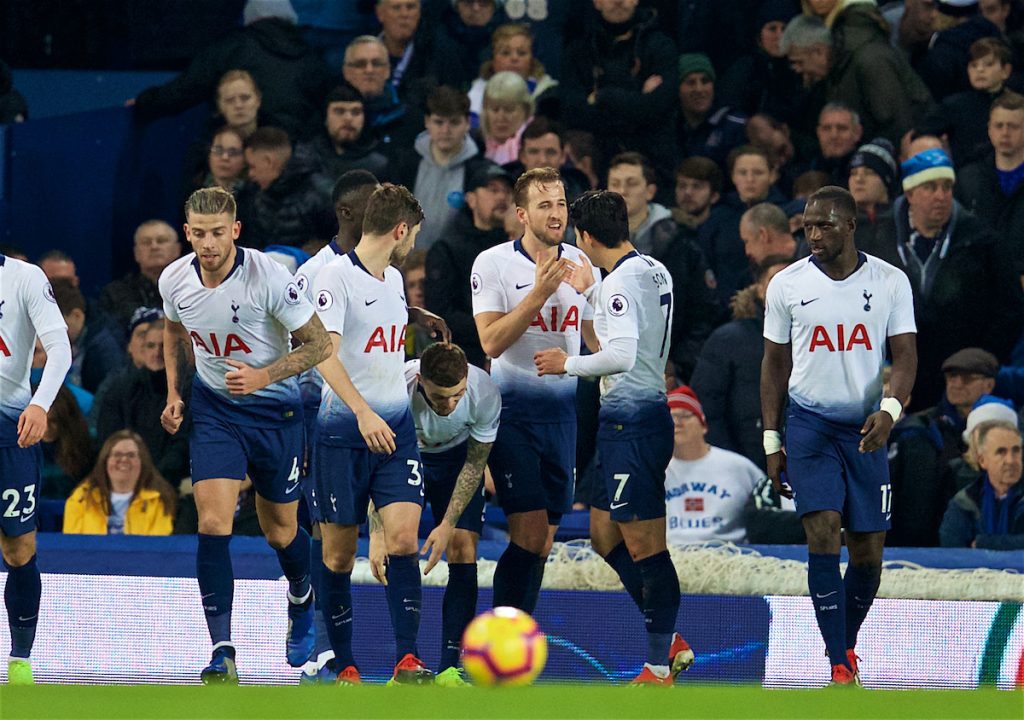 LIVERPOOL, ENGLAND - Sunday, December 23, 2018: Tottenham Hotspur's Harry Kane (C) celebrates scoring the third goal with team-mate Son Heung-min during the FA Premier League match between Everton FC and Tottenham Hotspur FC at Goodison Park. (Pic by David Rawcliffe/Propaganda)