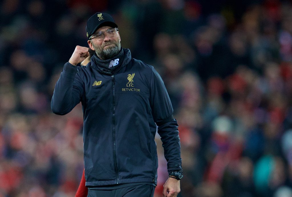 LIVERPOOL, ENGLAND - Saturday, December 29, 2018: Liverpool's manager J¸rgen Klopp celebrates after the 5-1 victory during the FA Premier League match between Liverpool FC and Arsenal FC at Anfield. (Pic by David Rawcliffe/Propaganda)