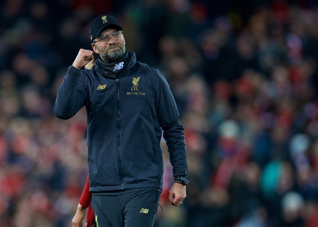 LIVERPOOL, ENGLAND - Saturday, December 29, 2018: Liverpool's manager Jürgen Klopp celebrates after the 5-1 victory during the FA Premier League match between Liverpool FC and Arsenal FC at Anfield. (Pic by David Rawcliffe/Propaganda)