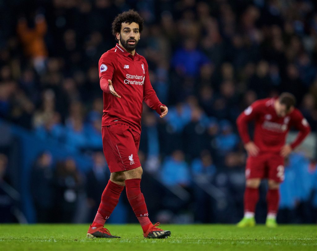 MANCHESTER, ENGLAND - Thursday, January 3, 2019: Liverpool's Mohamed Salah looks dejected during the FA Premier League match between Manchester City FC and Liverpool FC at the Etihad Stadium. (Pic by David Rawcliffe/Propaganda)