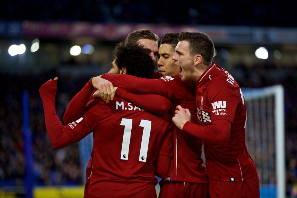 BRIGHTON AND HOVE, ENGLAND - Saturday, January 12, 2019: Liverpool's Mohamed Salah celebrates scoring the winning goal from a penalty kick with team-mates during the FA Premier League match between Brighton & Hove Albion FC and Liverpool FC at the American Express Community Stadium. Liverpool won 1-0. (Pic by David Rawcliffe/Propaganda)