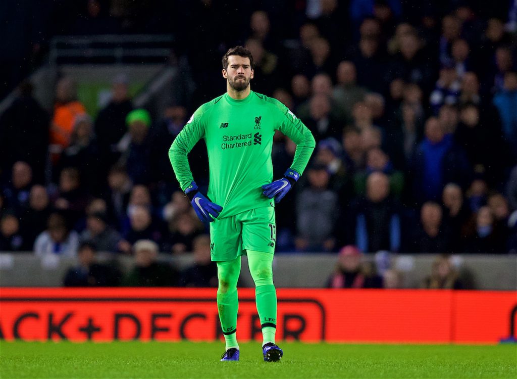 BRIGHTON AND HOVE, ENGLAND - Saturday, January 12, 2019: Liverpool's goalkeeper Alisson Becker during the FA Premier League match between Brighton & Hove Albion FC and Liverpool FC at the American Express Community Stadium. (Pic by David Rawcliffe/Propaganda)